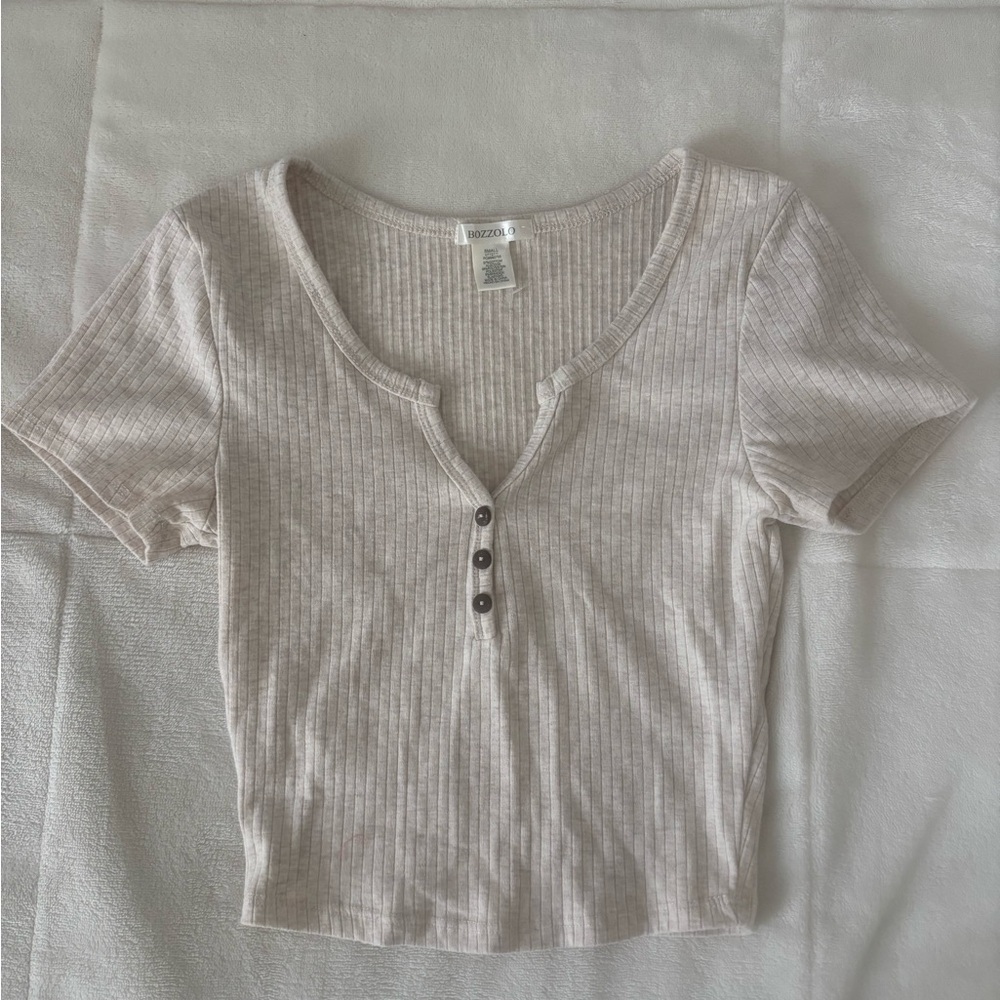 Beige Ribbed Crop Top with Buttons
